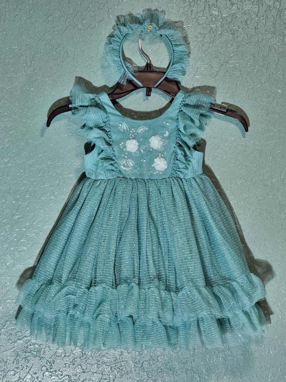 Rachel Zoe Girls Light Mint Sage Silver Tulle Dress & Headband 3T